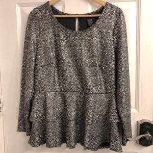 Ashley Stewart Plus Size Sparkly Sequin Silver Peplum Top